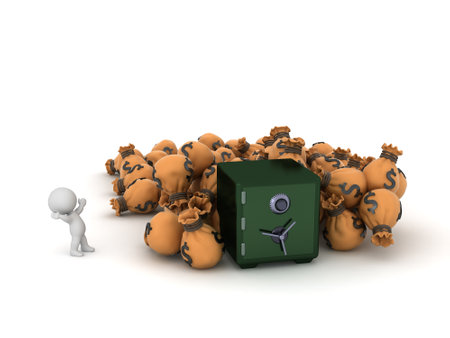 3D Character with a Safe and Bags of Money. Isolated on white background.の写真素材