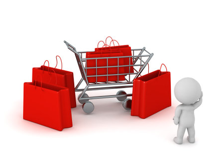 3D Character with Many Shopping Bags. Isolated on white background.の写真素材