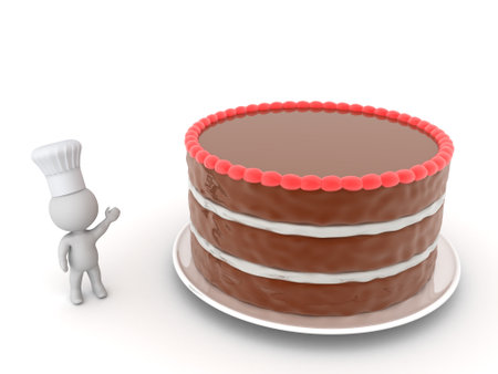 3D Chef Character with a Cake. Isolated on white background.