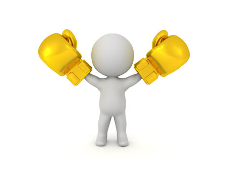 3D Victorious 3D Character with gold boxing gloves. 3D Rendering isolated on white.の写真素材