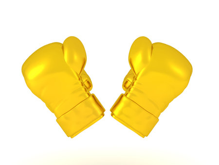 3D Rendering of two golden boxing gloves at an angle. 3D Rendering isolated on white.の写真素材