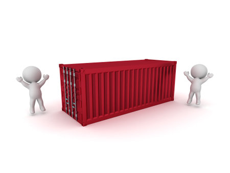 3D Characters with a Shipping Container. Isolated on white background.