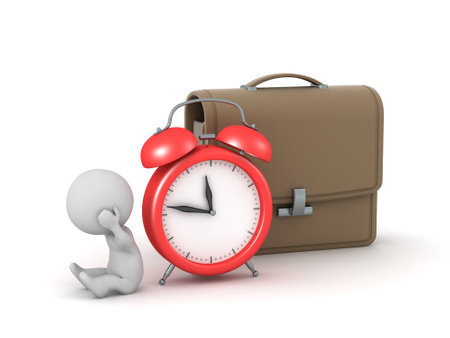Upset 3D Character with an Alarm Clock and a Work Briefcase. Isolated on white background.の写真素材