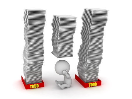 Stressed 3D Character with Too Much Paperwork. Isolated on white background.