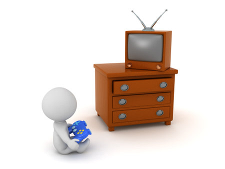 3D Character Playing Video Games. Isolated on white background.の写真素材