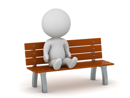3D Character Sitting Alone on a Bench. Isolated on white background.の写真素材