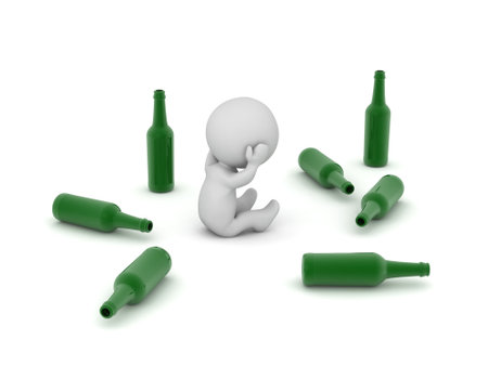 Upset 3D Character with Bottles. Isolated on white background.の写真素材