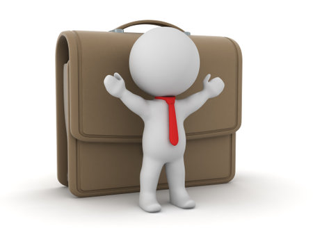 Happy 3D Business Character with Tie and Briefcase. Isolated on white background.の写真素材