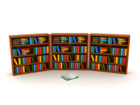 3D Rendering of a library and a book in the center. 3D Rendering isolated on white.の写真素材