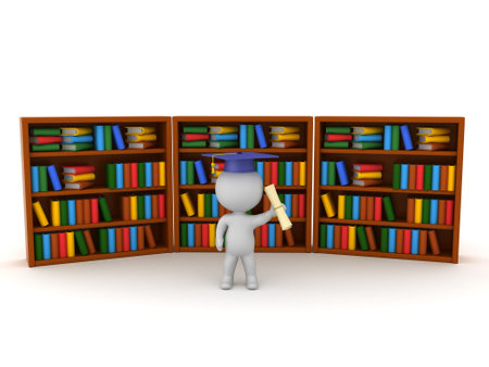 3D Character with gradiation hat in a library. 3D Rendering isolated on white.