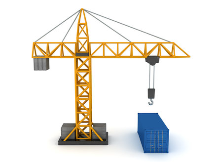 3D Rendering of crane and cargo container. 3D Rendering isolated on white.の写真素材