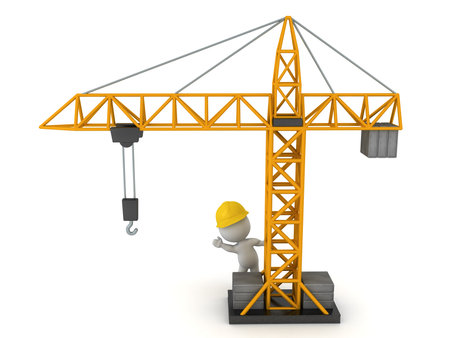 3D Character waving from behind yellow crane. 3D Rendering isolated on white.の写真素材