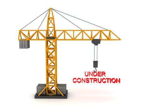 3D Rendering of a crane raising Under Construction text. 3D Rendering isolated on white.の写真素材