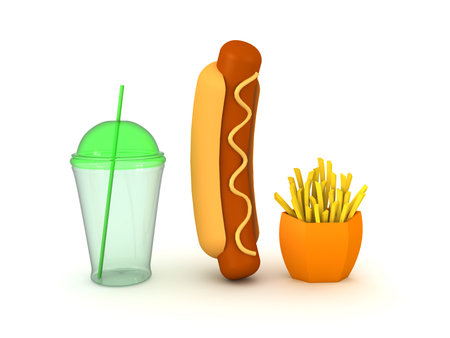 3D Rendering of a drink, hotdog and french fries. 3D Rendering isolated on white.の写真素材