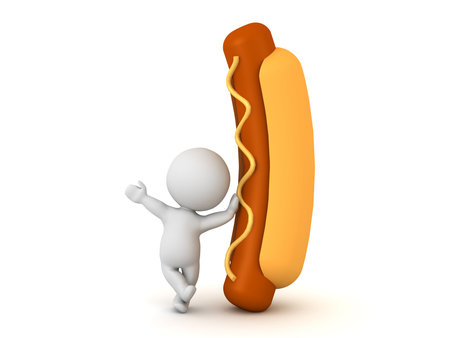 3D Character leaning on a hotdog. 3D Rendering isolated on white.の写真素材