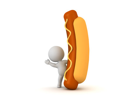 3D Character waving from behind hotdog. 3D Rendering isolated on white.の写真素材
