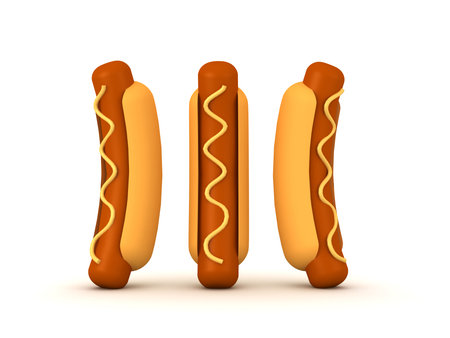 3D Rendering of three hotdogs. 3D Rendering isolated on white.の写真素材