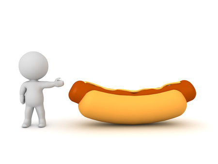 3D Character showing a hotdog. 3D Rendering isolated on white.の写真素材