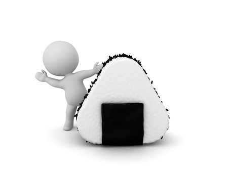 3D Character waving from behind big rice cake. 3D Rendering isolated on white.の写真素材