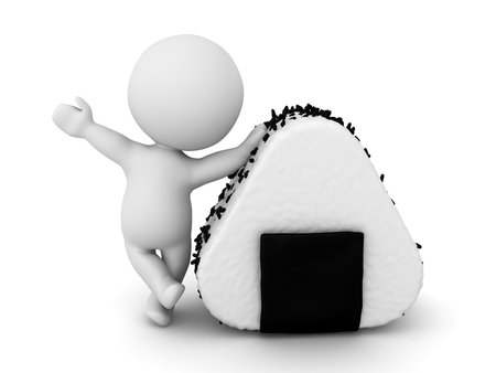 3D Character leaning on a big rice cake. 3D Rendering isolated on white.の写真素材