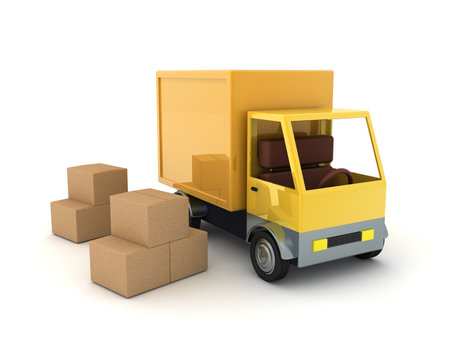 3D Rendering of yellow courier truck and many boxes. 3D Rendering isolated on white.の写真素材