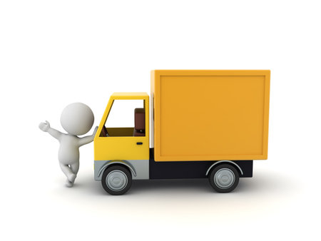 3D Character leaning on a delivery truck. 3D Rendering isolated on white.の写真素材