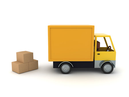 3D Rendering of delivery truck and boxes. 3D Rendering isolated on white.の写真素材