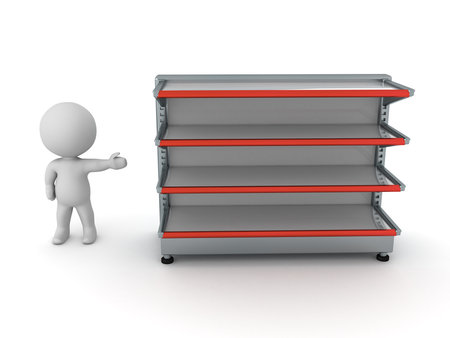 3D Character showing empty shelves. 3D Rendering isolated on white.の写真素材