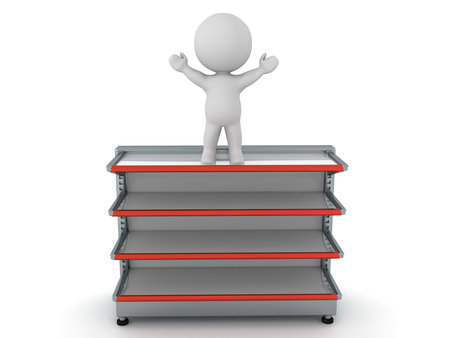 3D Character standing on top of empty shelves. 3D Rendering isolated on white.の写真素材