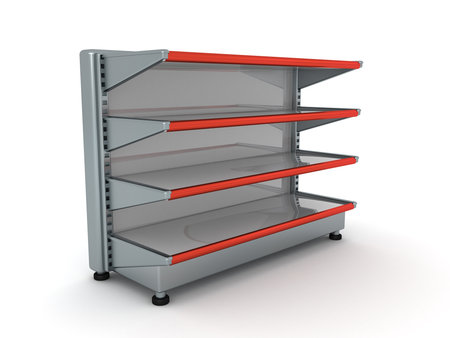 3D Rendering of empty supermarket shelves. 3D Rendering isolated on white.の写真素材