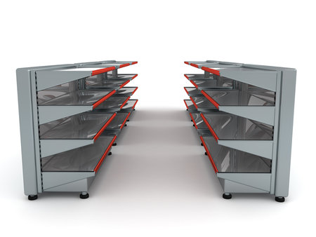3D Rendering of two rows of empty shelves. 3D Rendering isolated on white.の写真素材