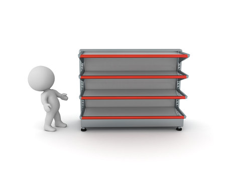 3D Character looking at empty shelves. 3D Rendering isolated on white.の写真素材