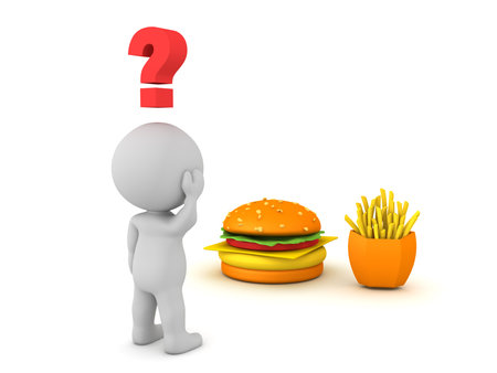 Curious 3D Character looking at burger and fries. 3D Rendering isolated on white.の写真素材