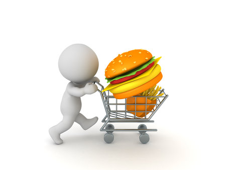 3D Character buying junk food burger and fries. 3D Rendering isolated on white.の写真素材