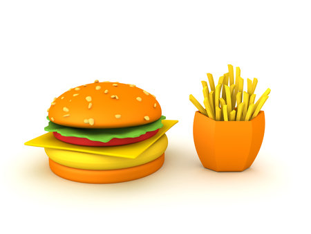 3D Rendering hamburger and french fries. 3D Rendering isolated on white.の写真素材