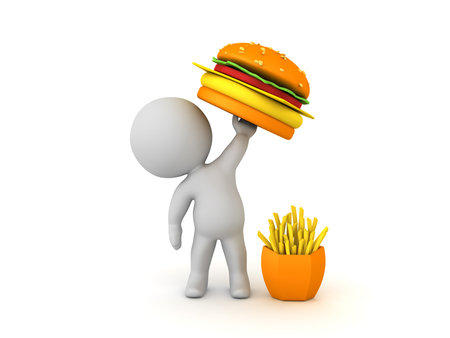 3D Character raising a hamburger and french fries next to him. 3D Rendering isolated on white.の写真素材