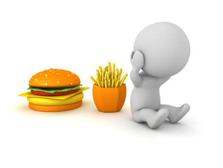 Stressed 3D Character next to junk food. 3D Rendering isolated on white.の写真素材