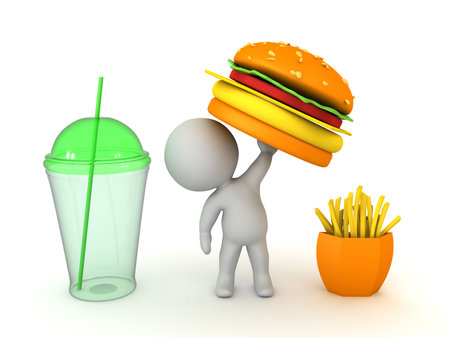3D Character holding up a burger from a fast food menu. 3D Rendering isolated on white.の写真素材
