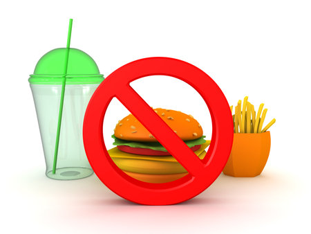 3D Rendering of forbidden sign over junk food. 3D Rendering isolated on white.の写真素材