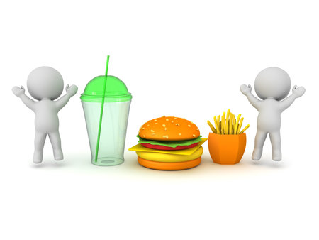 Happy 3D Characters and fast food menu. 3D Rendering isolated on white.の写真素材