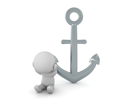 Stressed 3D Character next to an anchor. 3D Rendering isolated on white.の写真素材