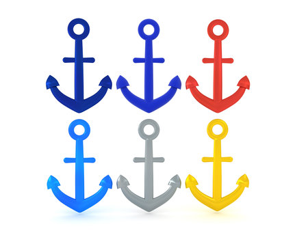 3D Rendering of many anchors with different colors. 3D Rendering isolated on white.の写真素材