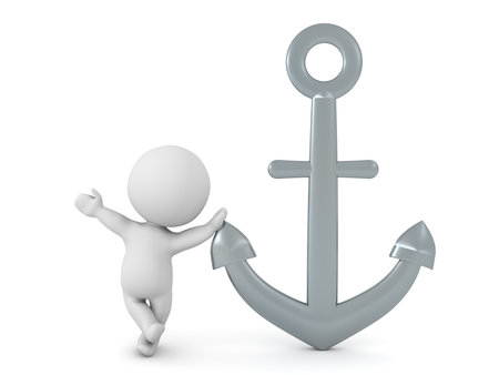 3D Character leaning on an anchor. 3D Rendering isolated on white.の写真素材