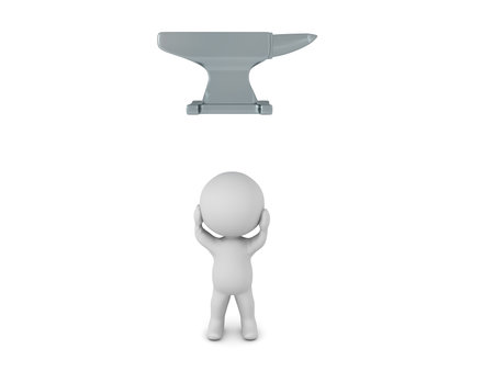 Stressed 3D Character with an anvil above him. 3D Rendering isolated on white.の写真素材