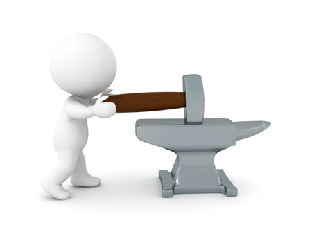 3D Character hitting an anvil with a hammer. 3D Rendering isolated on white.の写真素材