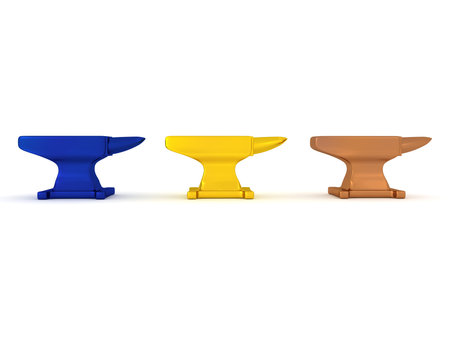 3D Rendering of three colored anvils. 3D Rendering isolated on white.の写真素材