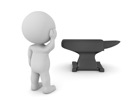 Curious 3D Character looking at a black anvil. 3D Rendering isolated on white.の写真素材