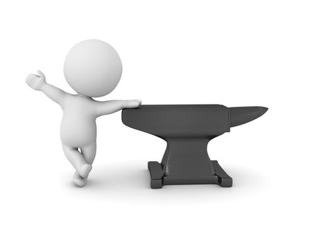 3D Character waving and leaning on a black anvil. 3D Rendering isolated on white.の写真素材