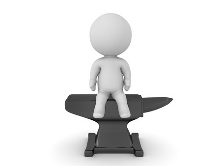 3D Character sitting on a black anvil. 3D Rendering isolated on white.の写真素材