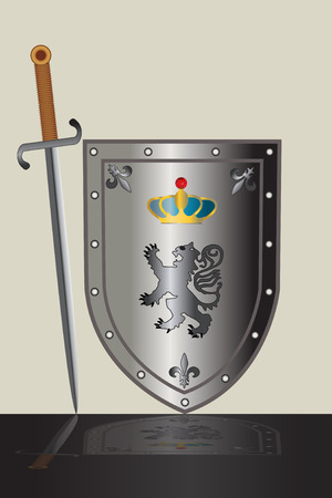 Sword and shield decorated with coat of arms.のイラスト素材